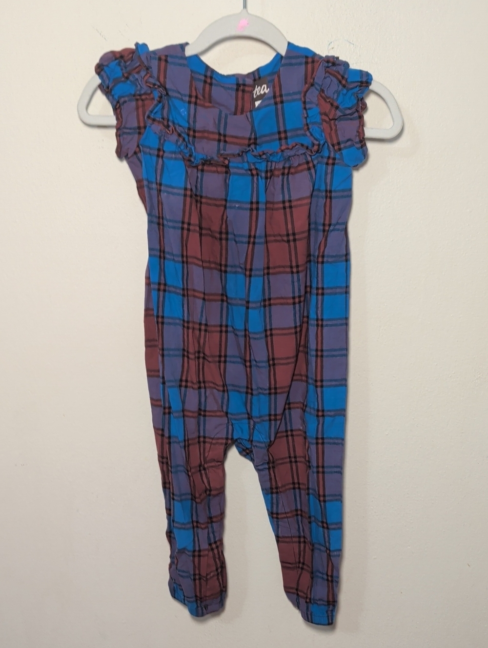 Tea Collection Plaid Romper Blue Purple Shoulder Ruffles Girls Size 18-24M
